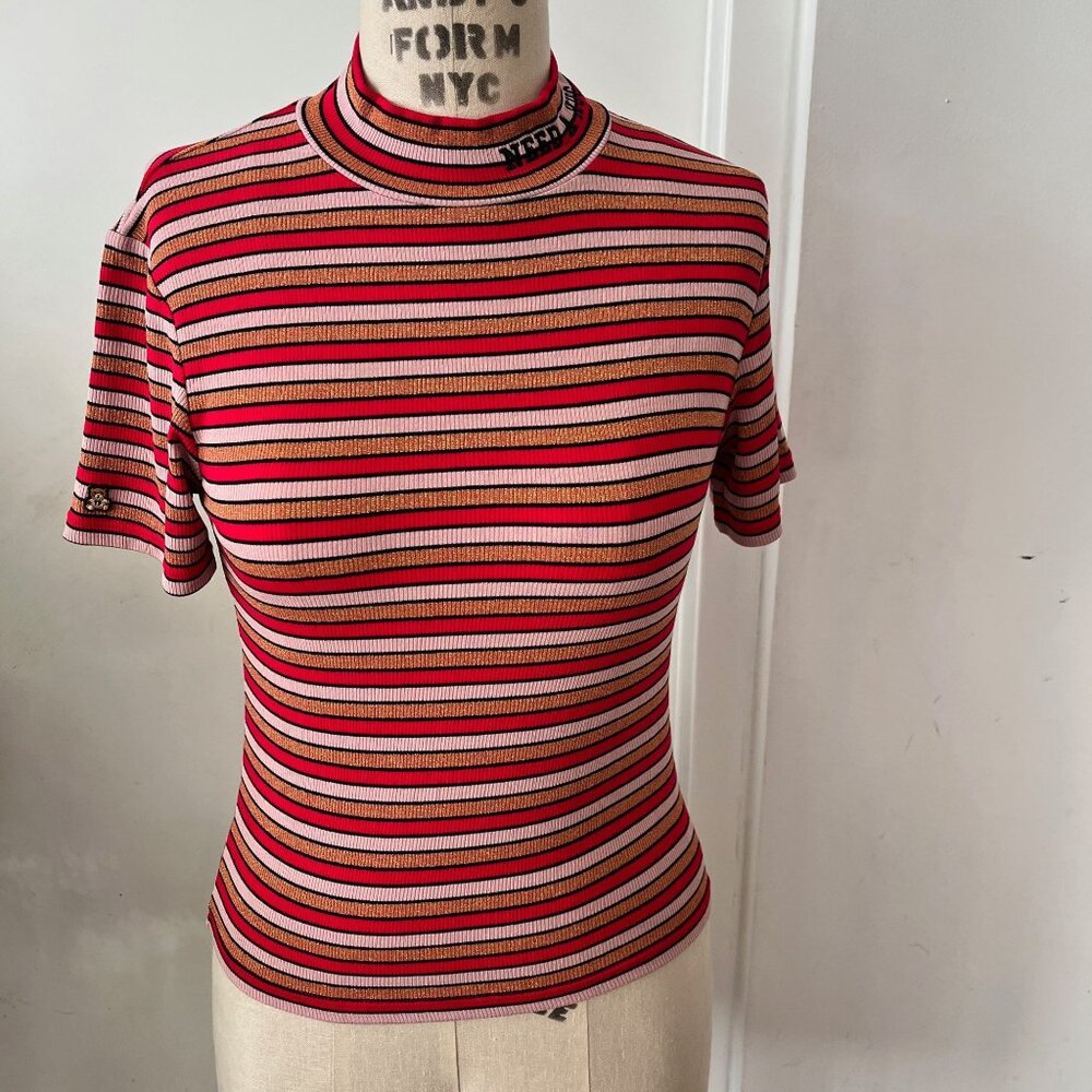 TEDDY FRESH Women's Striped Mock Neck Ribbed Need a Hug Shirt in Red Pink Gold S